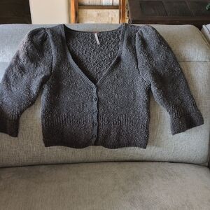 Free People Geo Structured Floral Puff Sleeve Cropped Cardigan Xs